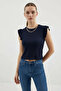 Women's Round Neck Ruffled Sleeve Navy Blue Blouse - 3