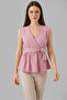 Women's Double Breasted Collar Belted Sleeveless Powder Blouse - 4