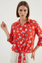 Women's Waist-Tied Front Patterned Viscose Red Shirt - 2
