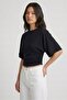 Black Crew Neck Gathered Waist Bat Sleeve Crop Blouse - 4