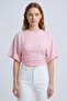 Pink Crew Neck Gathered Waist Bat Sleeve Crop Blouse - 2