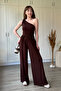 One-Shoulder Detailed Sandy Fabric Draped Brown Jumpsuit - 4