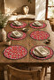 Set of 6 Red Daisy Patterned Leather American Service Plates 35X35 cm - 2