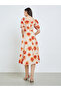 Beige Floral Midi Dress with Puff Sleeves - 5