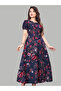 Navy Blue Polycrepe Printed Gown - FFT8090 | Navy Blue-Size:M-38-Inches