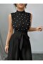 Women's Turtleneck Sleeveless Pearl Belted Waist Long Janjan Jumpsuit - 2