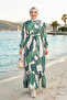 Women's Belted Viscose Fabric Hijab Green Dress - 3