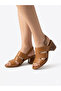 Genuine Leather Tan 6 cm Thick Heeled Women's Sandals - 6