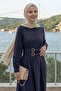 Navy Blue Dress with Double Buckle Belt - 4