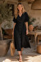 Women's Black Stylish Buttoned Soft Premium Fabric Elastic Waist V-Neck Short Sleeve Summer Casual Midi