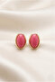 Dark Pink Stone Gold Color Framed Minimal Oval Earrings