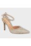 Women's Stone Cord Detailed Armor Fabric Pointed Toe Heeled Shoes Gold