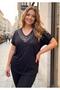 Women's Black Plus Size Patterned V-Neck Sequin Detail Side Slit Short Sleeve Stretchy Viscose Blouse - 8