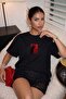 Women's Oversize T-Shirt Noir Cat Printed Black – Crew Neck, Comfortable Fit, 100% Cotton