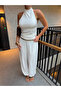 White Halter Neck Gathered Side Blouse and Pants Set - 1997 - 2