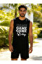 Men Black Slogan Print Round Neck Tank and Shorts Co-Ords
