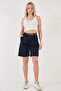 Women's Navy Blue Lycra Gabardine Midi Shorts with Belt