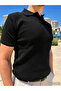 Black Men's Polo Collar Buttoned Short Sleeve T-Shirt - 7