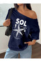 Women's Sol Junto Printed Boat Neck Off Shoulder 100% Cotton T-Shirt - 2