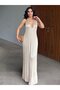 Beige Backless Pleated Long Evening Dress – Deep V-Neck Maxi Evening Gown 7982 - 2