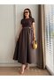 Brown Belted Skirt Poplin Dress - 4113