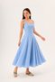 Blue Linen Strappy Square Neck A-Line Panel Detailed Cotton Midi Dress