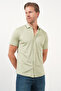 Green Italian Collar Short Sleeve Pocketless Slim Fit Cotton Shirt 1004260158 - 3