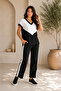 Women's Black and White V-Neck Stripe Detailed Relaxed Cut Double Set - 5