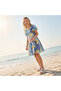 V-Neck Short Sleeves Dropwaist Dress with Patchwork Print and Ruffles