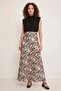 Women's High Collar Patterned Satin Black Beige Skirt