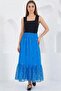 Women's Flounced Floral Patterned Chiffon Cobalt Blue Skirt - 2