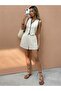 Bella Women's Ecru Contrast Piping Buttoned Linen Shorts Set 70% Linen 30% Cotton - 7