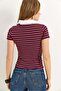 Polo Collar Striped Patterned Women's Tshirt Claret Red - 2
