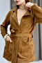 Women's Belted Double Pocket Suede Coat / Jacket Tan - 2