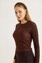 Women's ottoman crew neck blouse with stone detail - coffee - 4