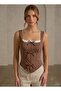 Square Neckline Thick Strap Bow and Ruffle Detail Piping Bottom Triangle Cut Ottoman Fabric Crop Blouse - 2