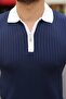 Men's Collar and Sleeve Detailed Zipper Collar Stripe Pattern Short Sleeve Knitwear T-Shirt - 3