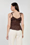 Women's Strappy Front Ruffled Polka Dot Blouse - Brown - 5