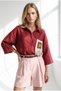 Women's Burgundy Pocket Detailed Wide Sleeve Washed Linen Shirt Gml-19001353 - 4