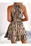 Women's Off-The-Shoulder Halter Neck Belted Waist Patterned Mini Single Jersey Dress - 5