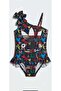 Printed Patterned Ruffled Girls' Swimsuit - Black Diving Fabric