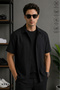 Men's Wrinkled Fabric Summer Buttoned Short-Sleeved Shirt and Lace-Up Double-Pocket Trouser Set - 2