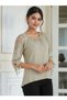 Women's Crew Neck Three Quarter Sleeve Shoulder and Sleeve Guipure Stone Design Detail Summer Tshirt Blouse - 7