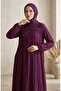 Ruffle Detailed Elastic Sleeves Hijab Dress 0560-01 Plum - 3