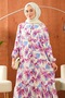 Plum Half-Buttoned Layered Viscose Dress with Elastic Sleeves - 2