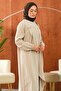 Beige Asymmetrical Cut Tunic with Elastic Sleeves and Trousers Set - 3