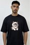Blue-Eyed Cat Design Printed Oversize Black T-Shirt