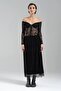 Women's Long Sleeve Off-Shoulder Flock Print Tulle Detailed Design Corset - 3