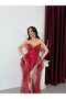 Red Strapless Flounce Polka Dot Evening Dress - 3