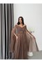 Brown Pleated Strapless Evening Dress with Sleeve Detail - 5